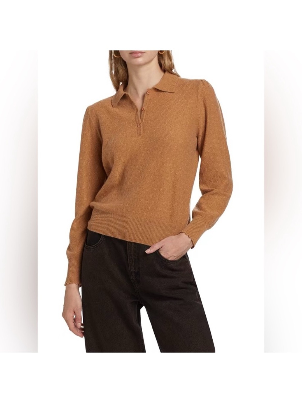 Frame Cashmere Scallop Polo Sweater in Camel nwt